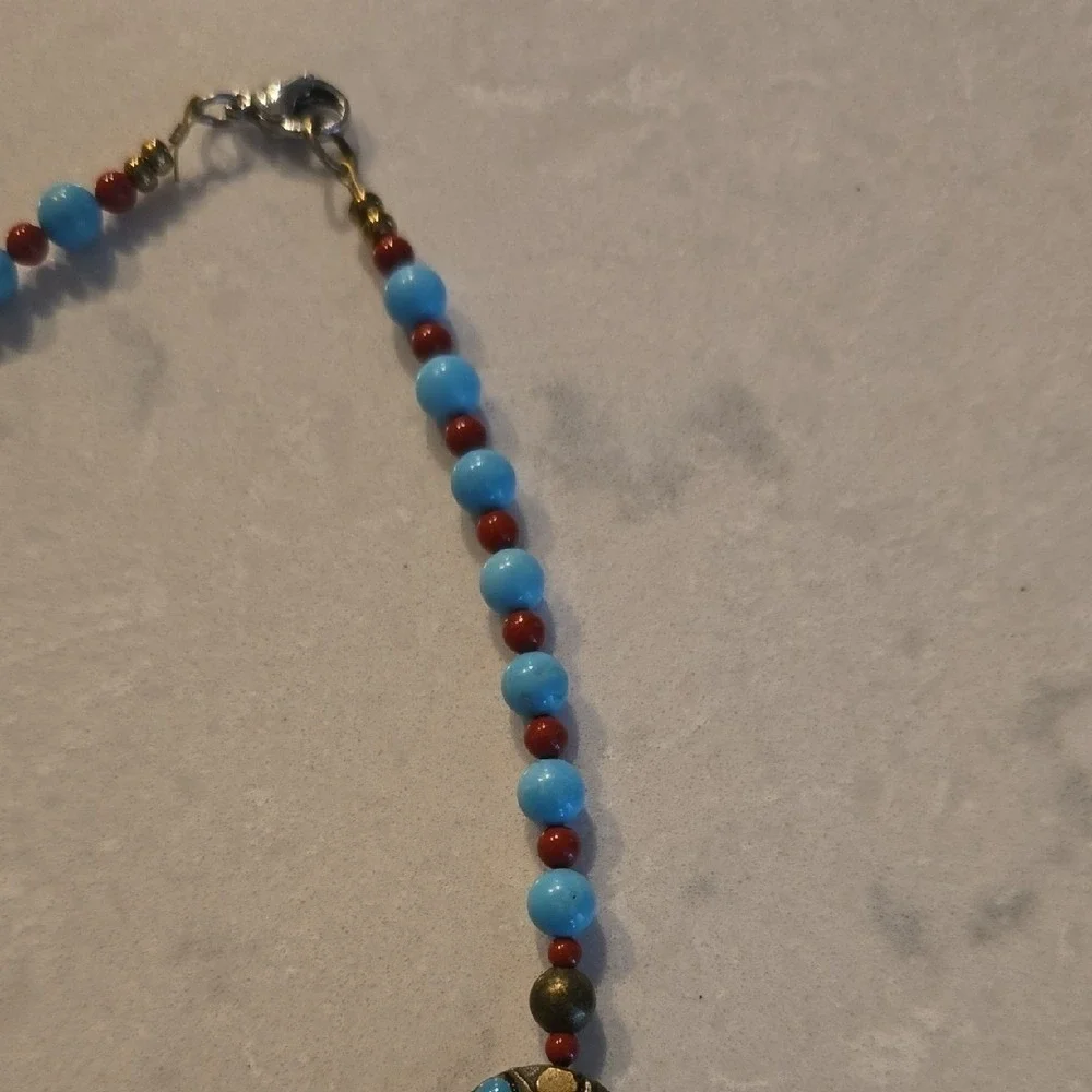 Vintage Boho Turquoise Coral Red Beaded Statement Necklace Floral Medallions 18